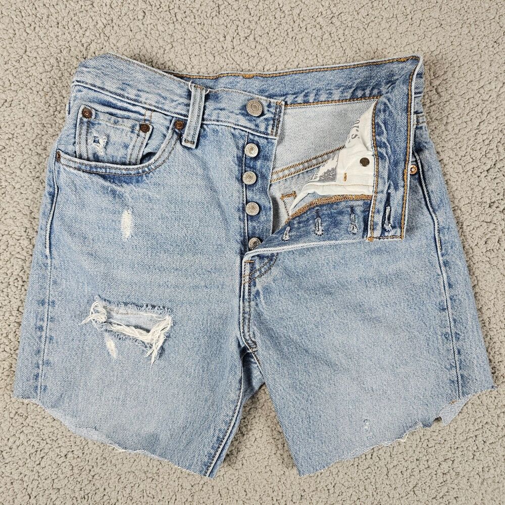 Levis 501 Shorts Womens Small Blue Button Fly Premium Big E Cut Off Distressed